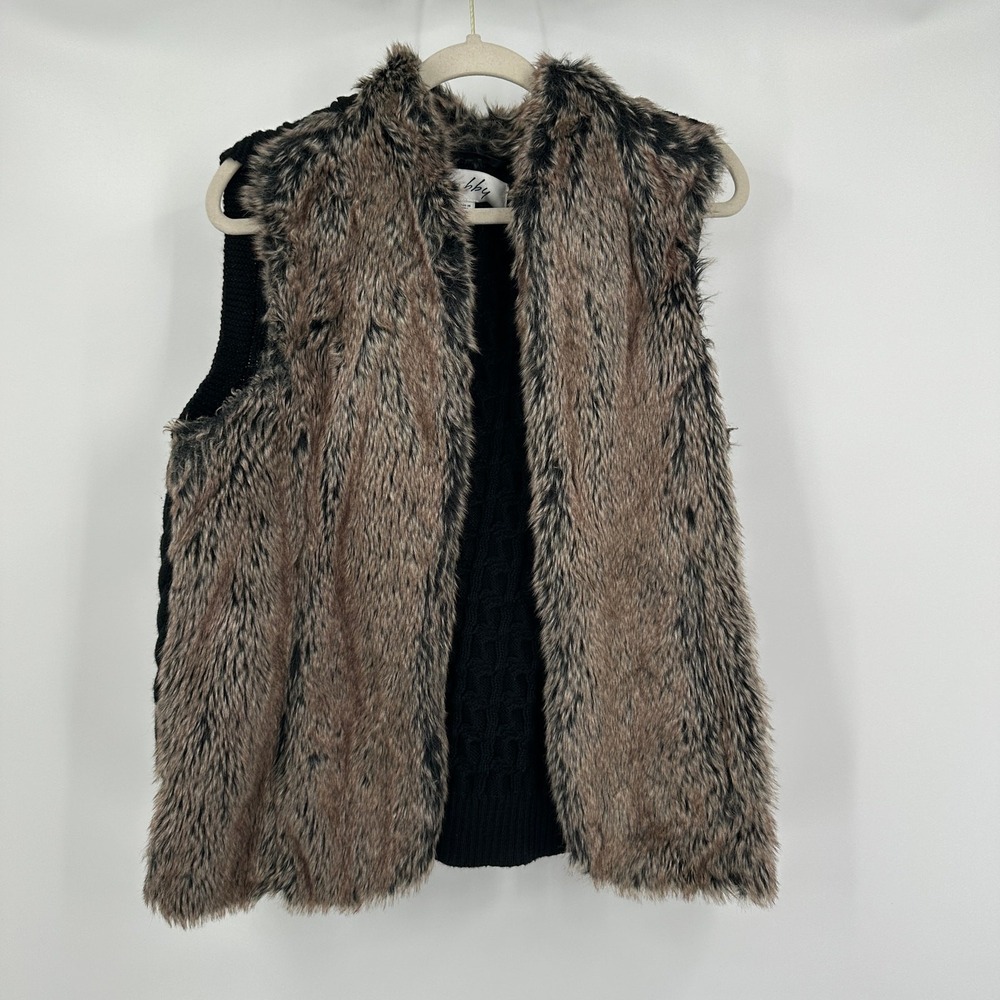 Sebby Womens Boho Faux Fur Cable Knit Vest Size L Mixed Media Shaggy Glam Chic